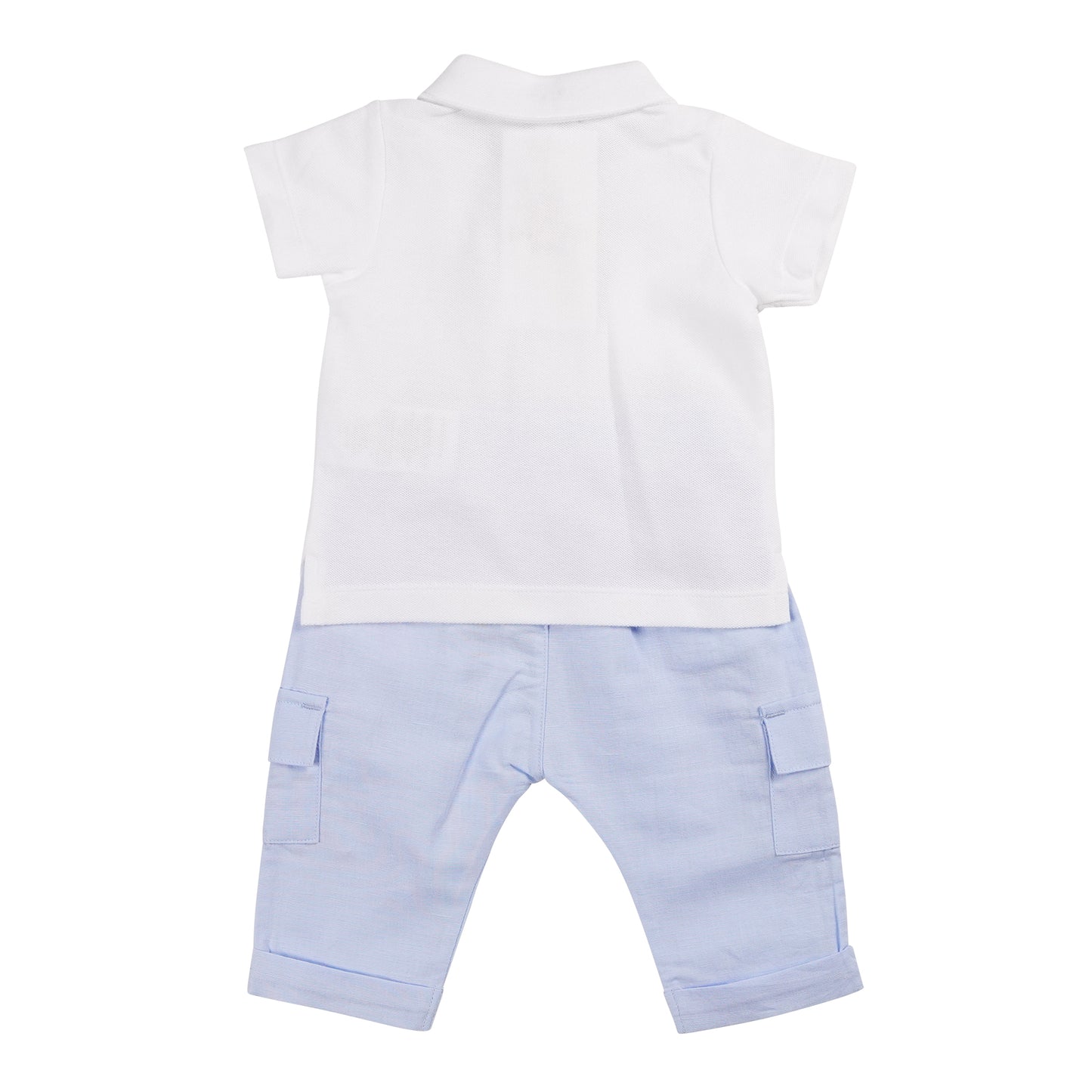 Blue Linen Cargo Polo Top & Trouser Set