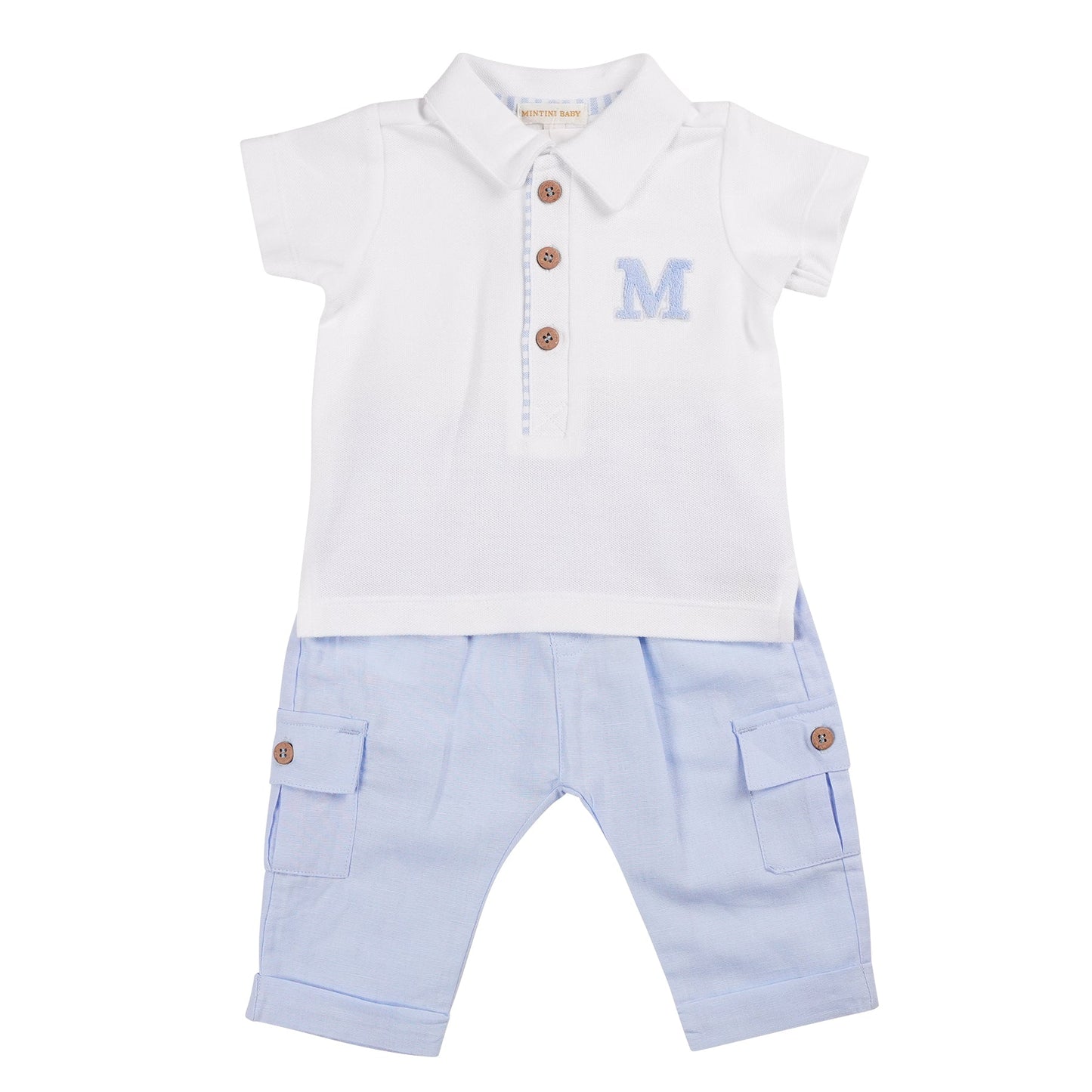 Blue Linen Cargo Polo Top & Trouser Set