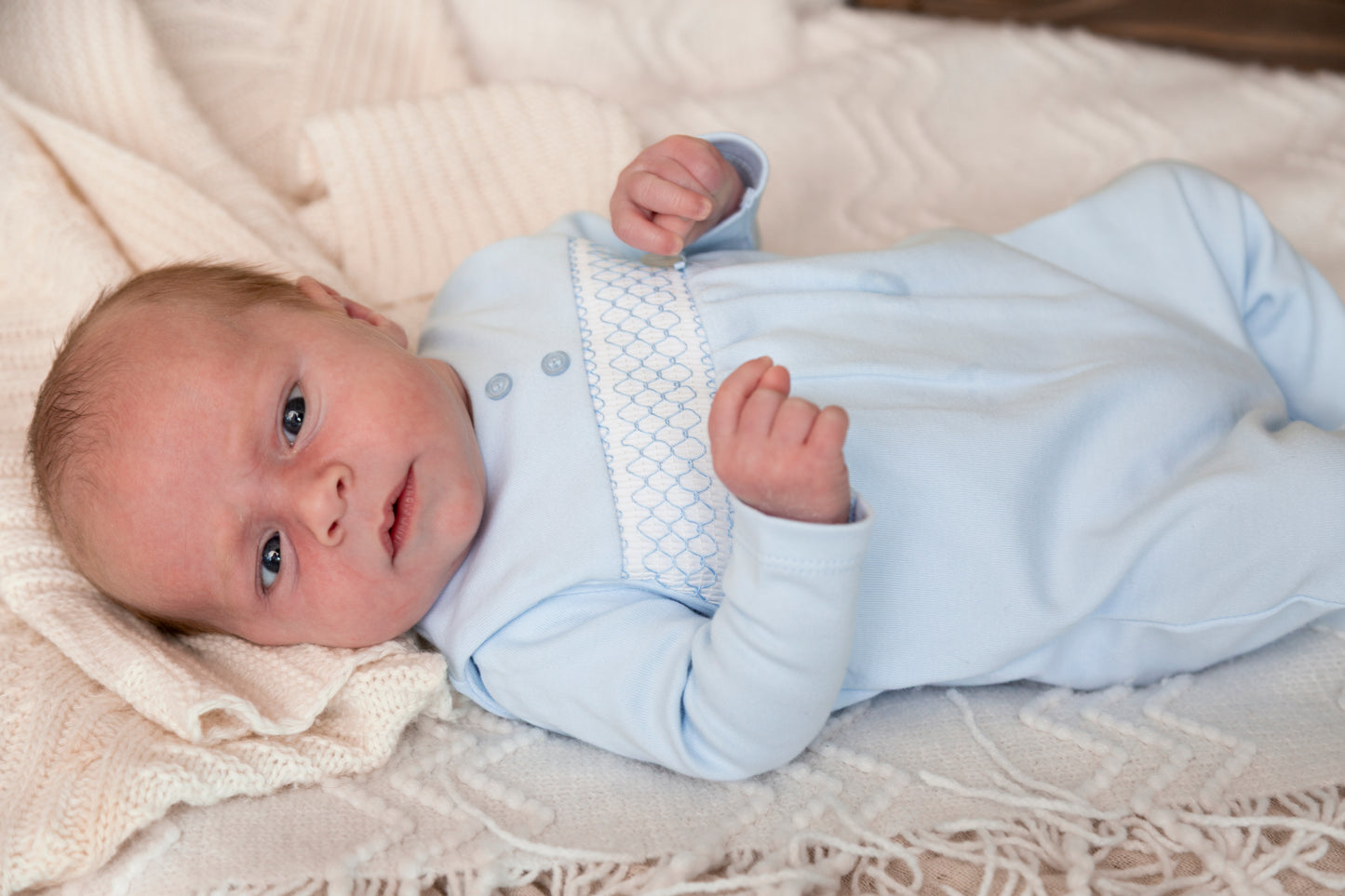 Blue Smocked Tiny Baby Body, Dungaree and Hat