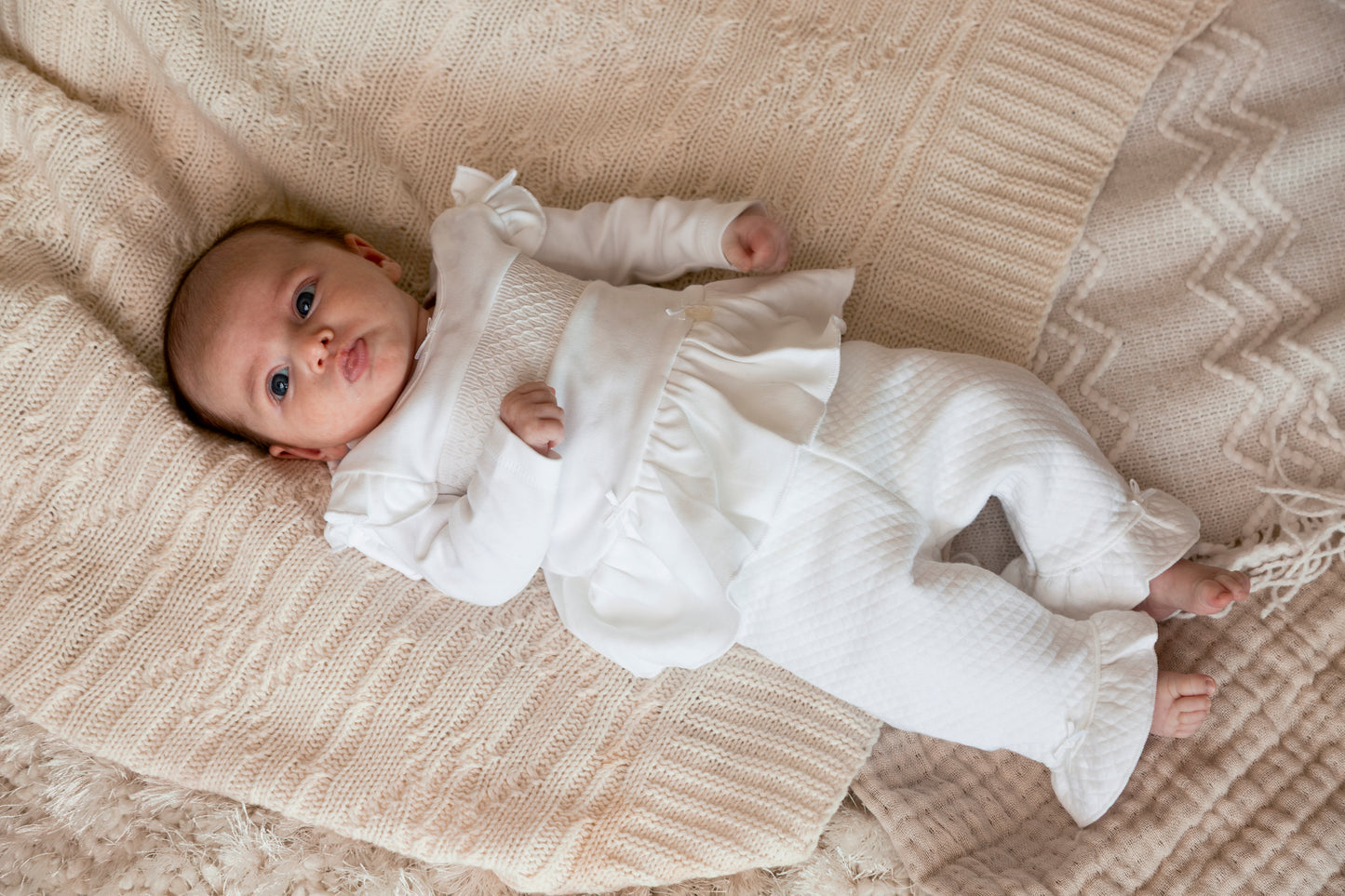 White Smocked Tiny Baby Bodysuit with Waffle Leggings and Hat