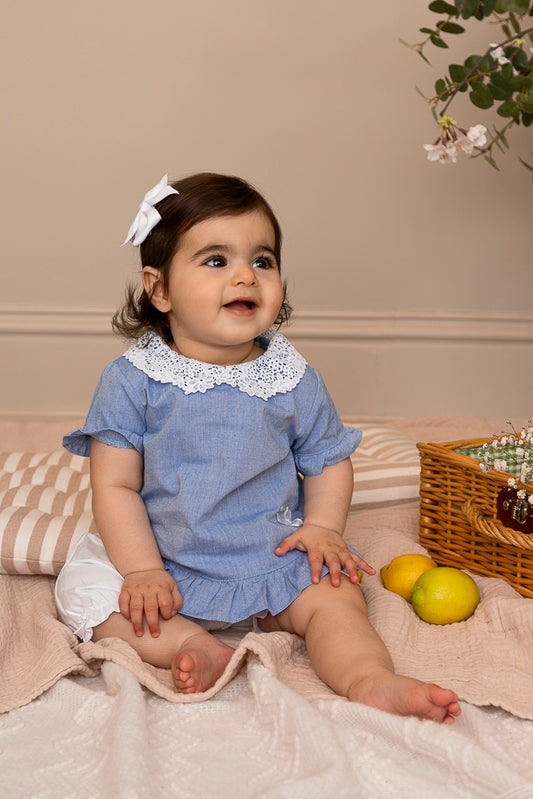 Blue Broderie Collar Top and Bloomer