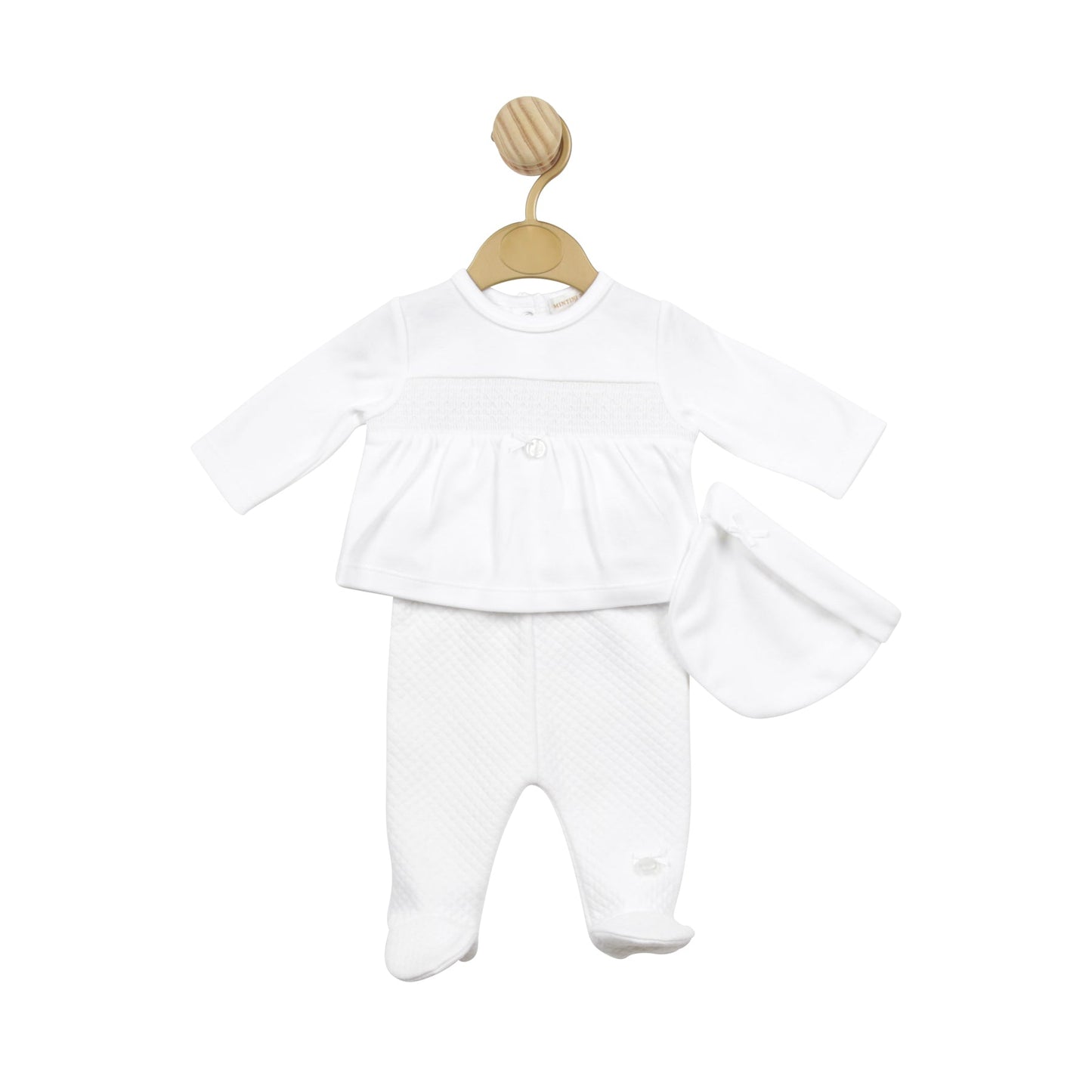 White Smock Waffle Tiny Baby Top, Pant and Hat