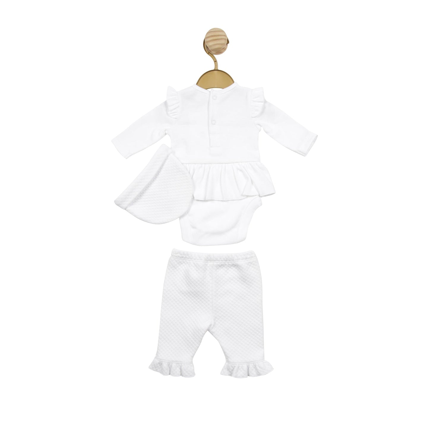 White Smocked Tiny Baby Bodysuit with Waffle Leggings and Hat