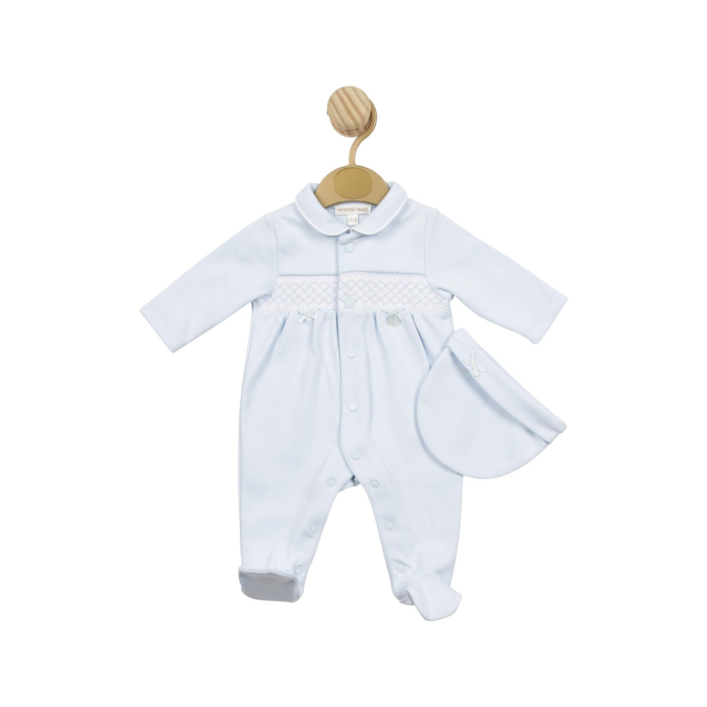 Blue Smocked Tiny Babygrow with Hat