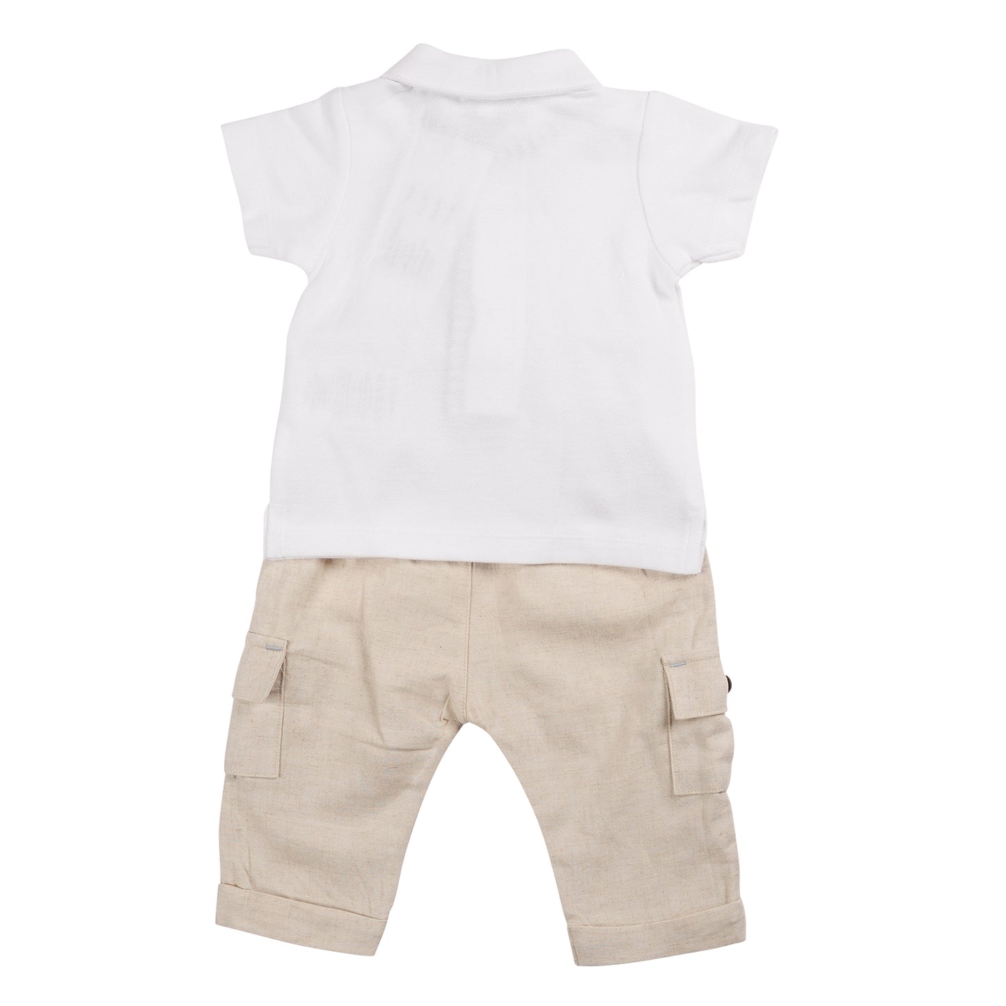 Beige Linen Cargo Polo Top and Trouser Set