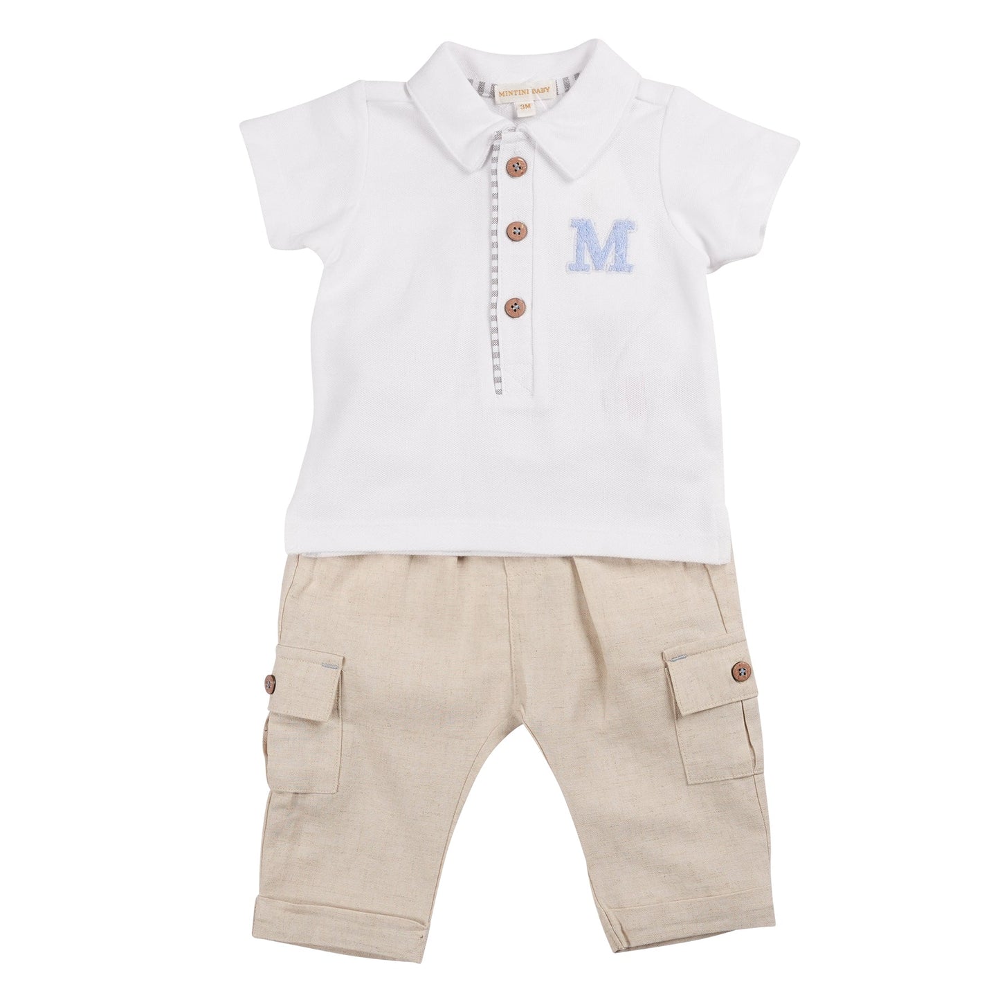 Beige Linen Cargo Polo Top and Trouser Set