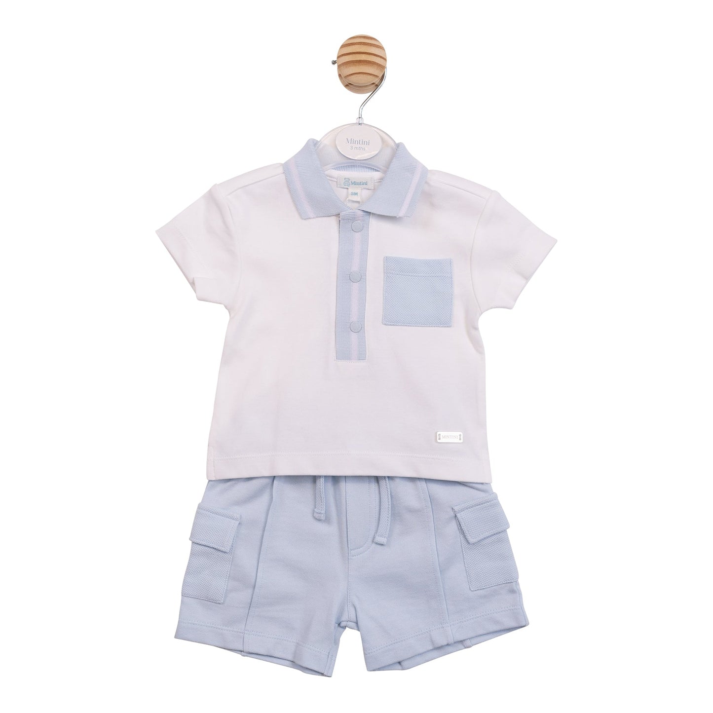 White and Blue Cargo Polo Top and Short Set