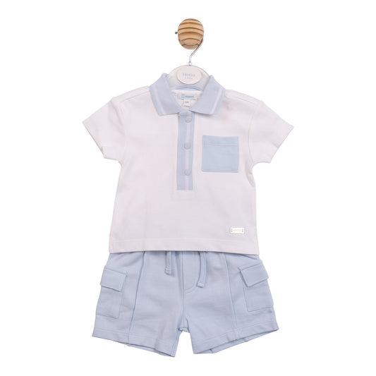 White and Blue Cargo Polo Top and Short Set