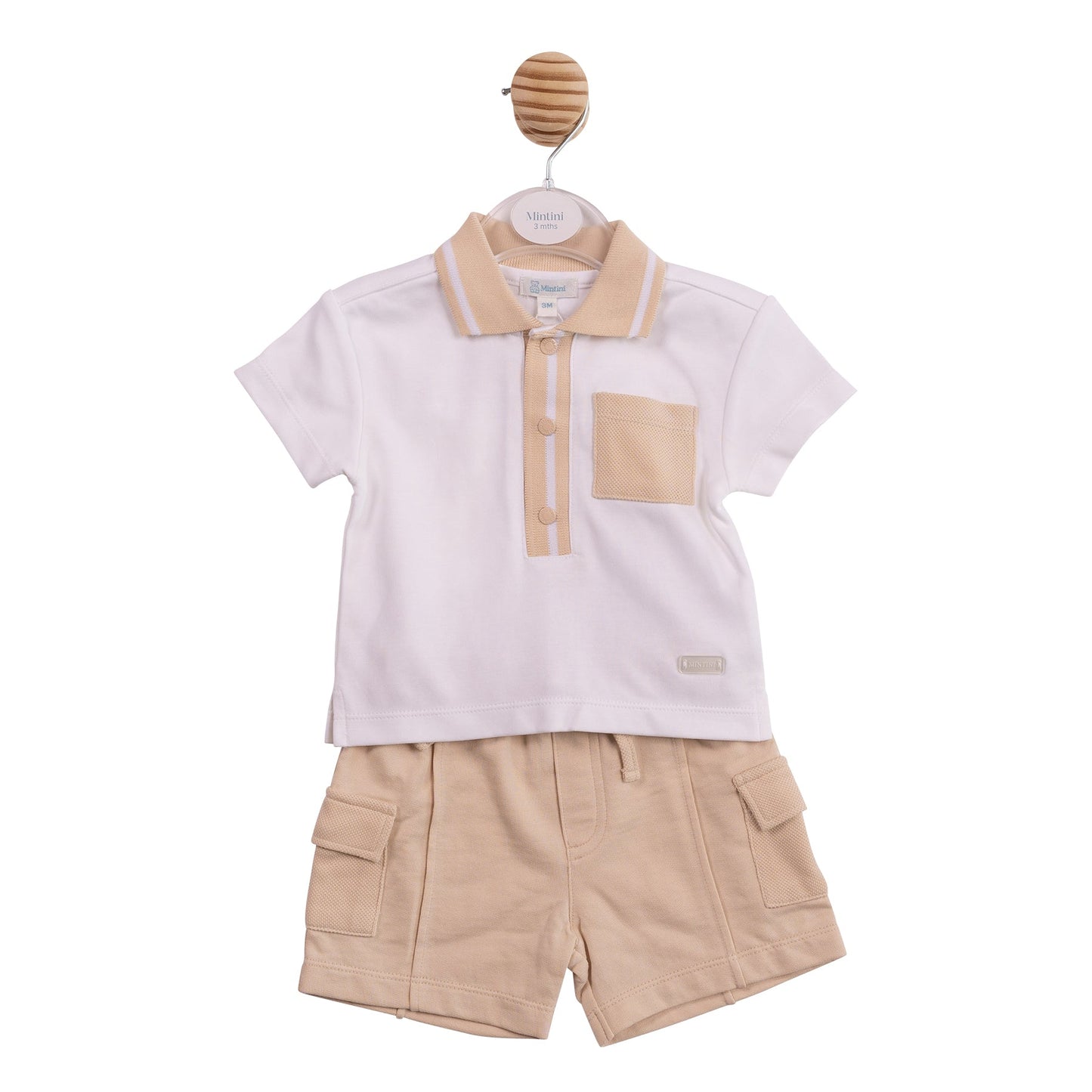 White and Beige Cargo Polo Top and Short Set