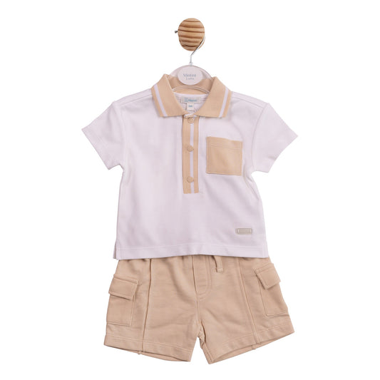 White and Beige Cargo Polo Top and Short Set