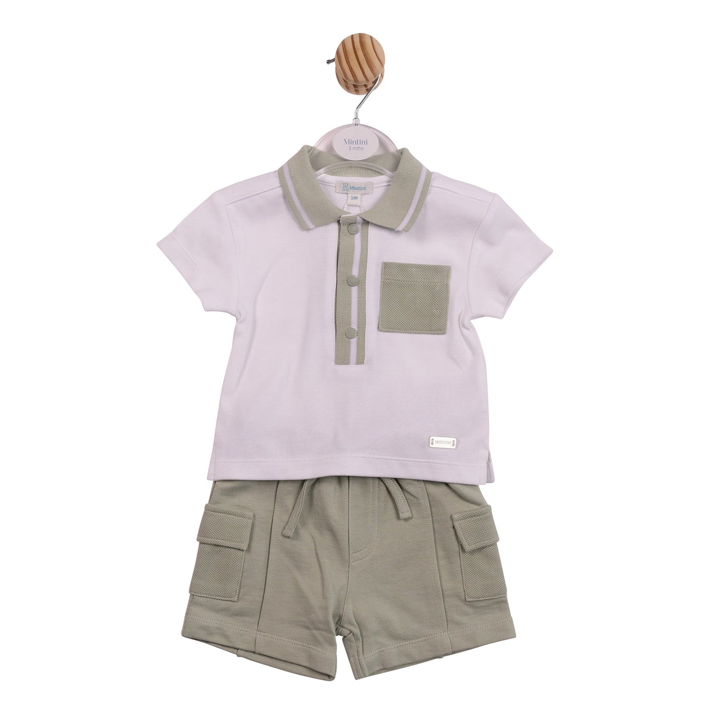 White and Sage Cargo Polo Top and Short Set
