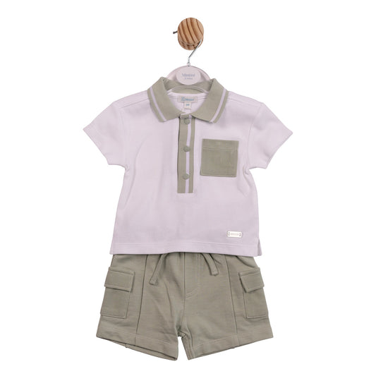 White and Sage Cargo Polo Top and Short Set
