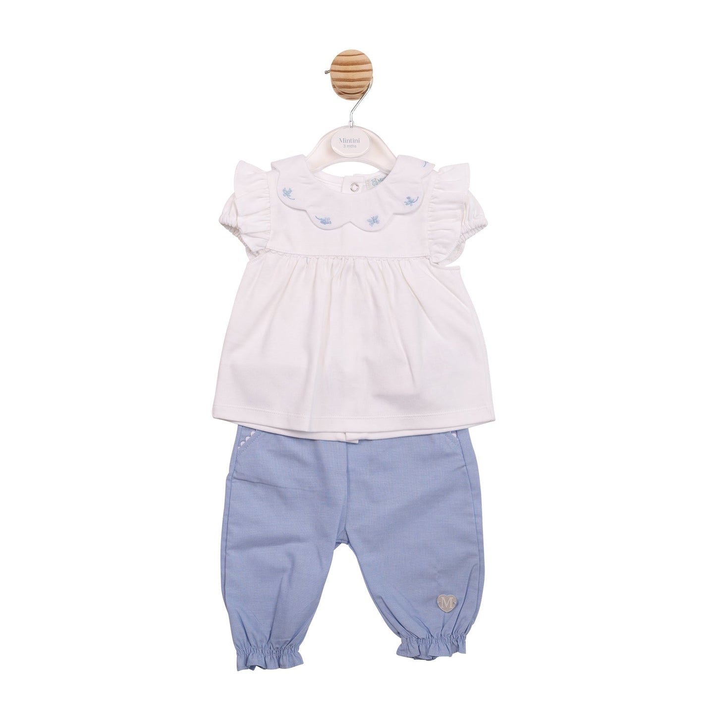 White and Blue Butterfly Collar Top and Trouser