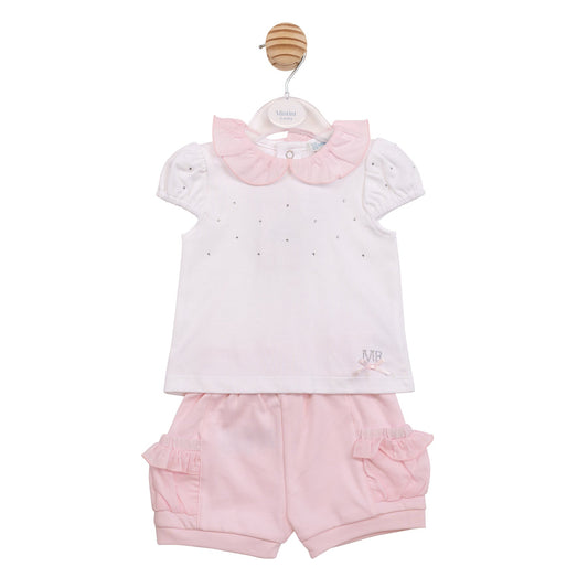 White and Pink Diamante Top and Short Set