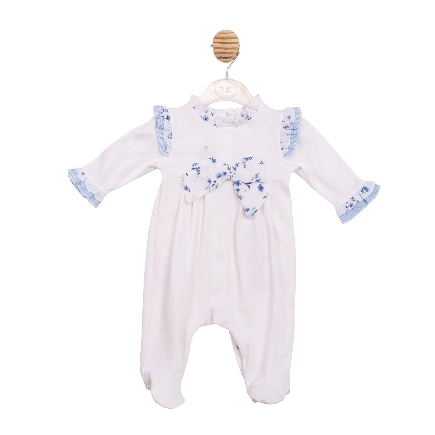White and Blue Floral Gingham Babygrow