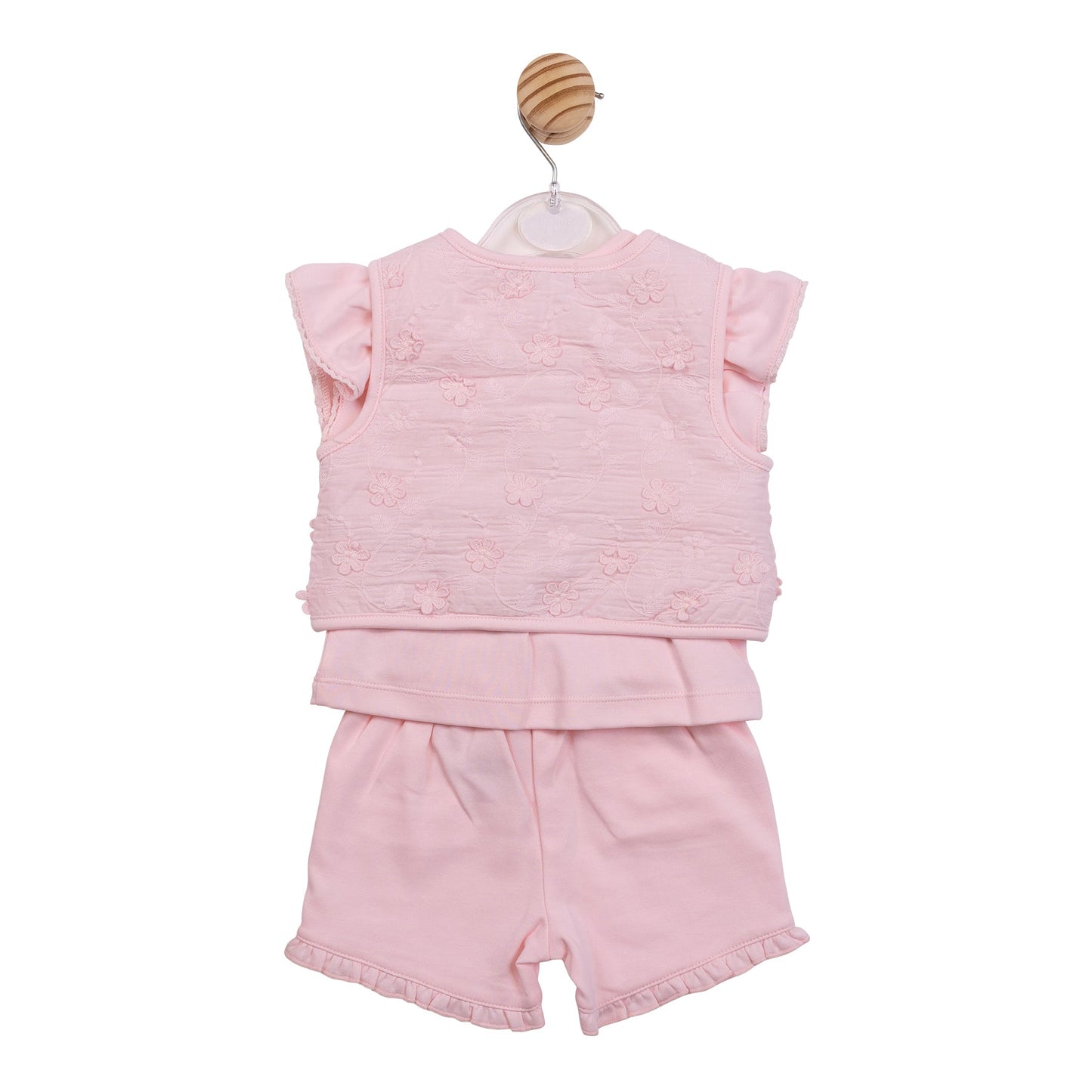 Pink Embroidery Flower Gilet, T-Shirt & Short Set