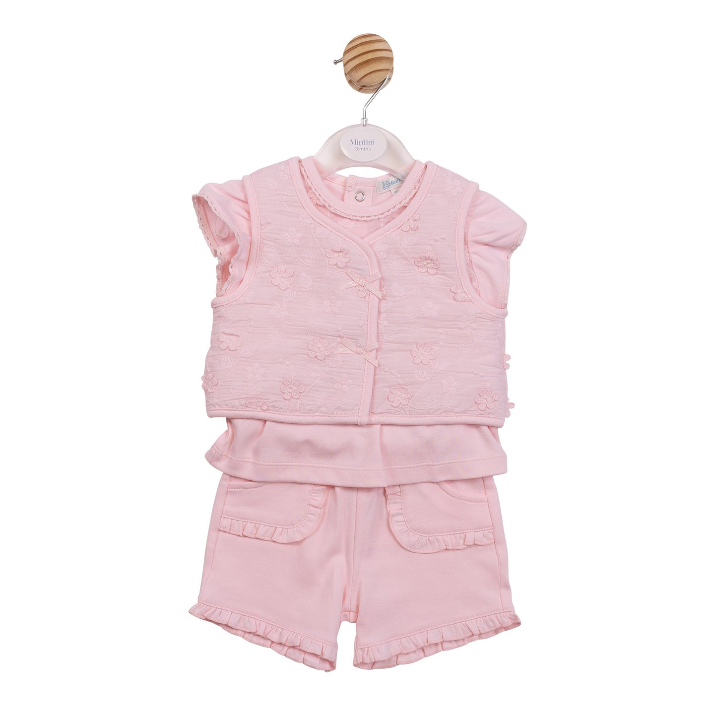 Pink Embroidery Flower Gilet, T-Shirt & Short Set