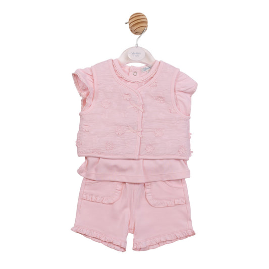 Pink Embroidery Flower Gilet, T-Shirt & Short Set