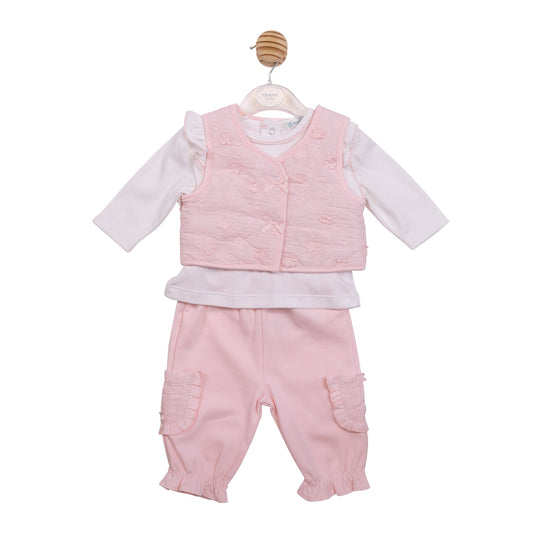 Pink Embroidery Flower Gilet, Top & Trouser Set