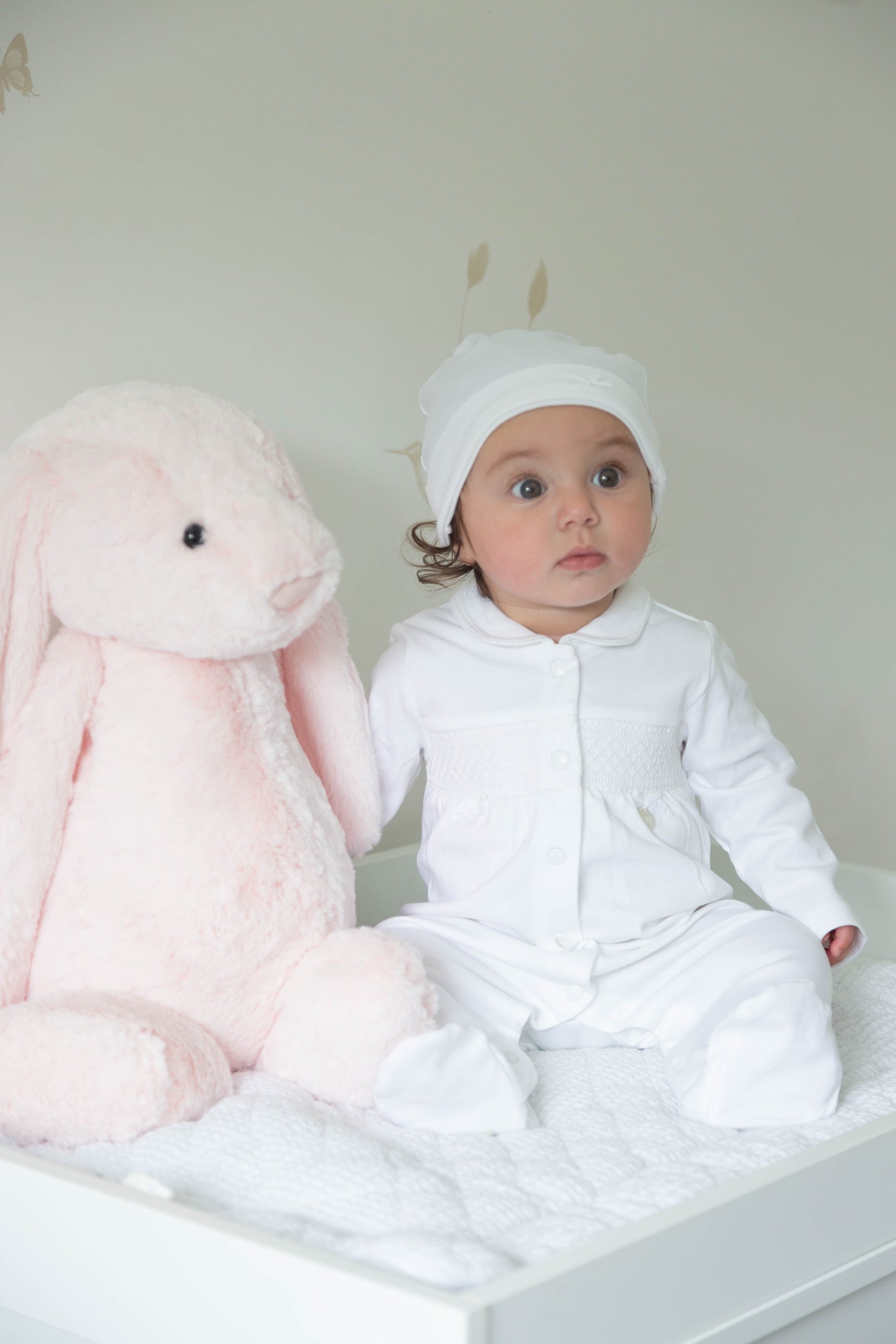 White Smocked Tiny Babygrow with Hat