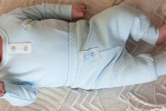 Blue Tiny Baby Bodysuit with Waffle Leggings and Hat