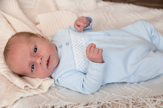 Blue Smocked Tiny Baby Body, Dungaree and Hat