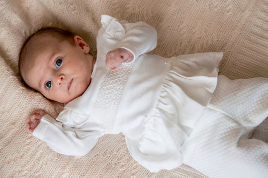 White Smocked Tiny Baby Bodysuit with Waffle Leggings and Hat