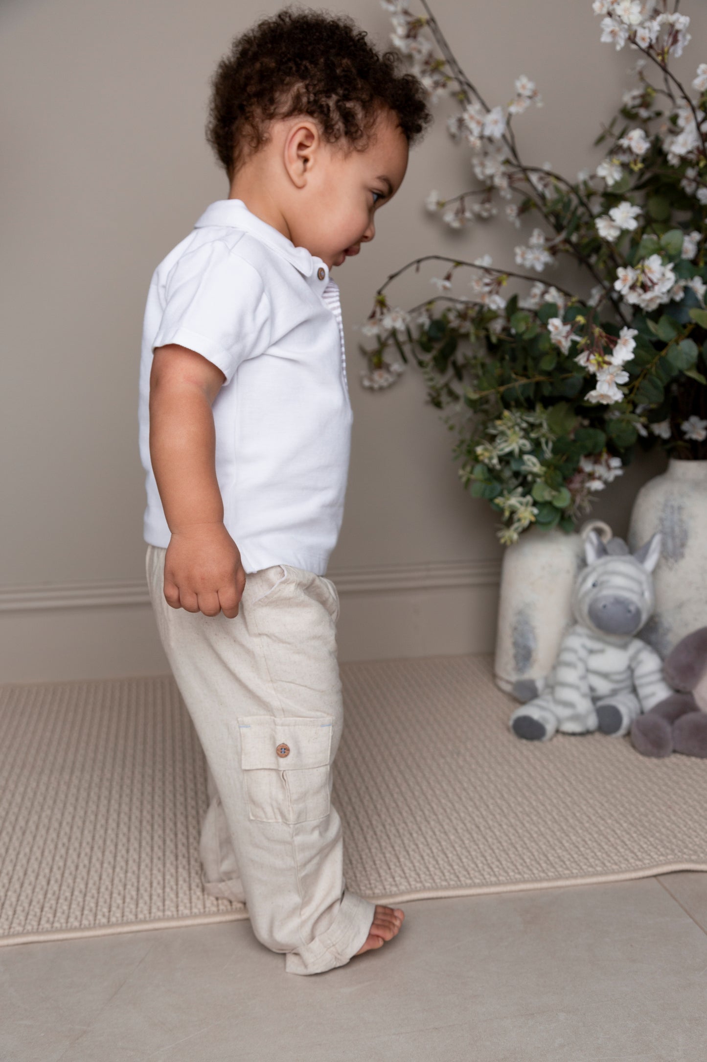 Beige Linen Cargo Polo Top and Trouser Set