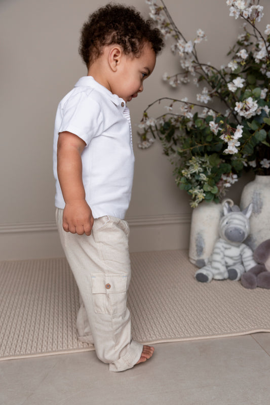 Beige Cargo Polo Top and Trouser Set