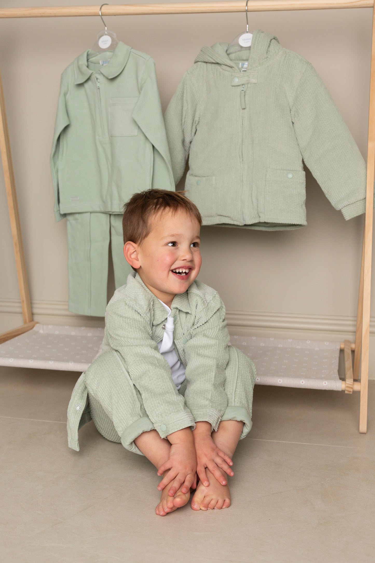 Sage and White Cord Top, Trouser and Overshirt