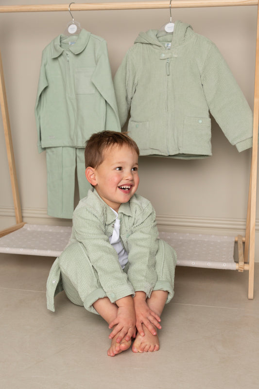 Sage and White Cord Top, Trouser and Overshirt