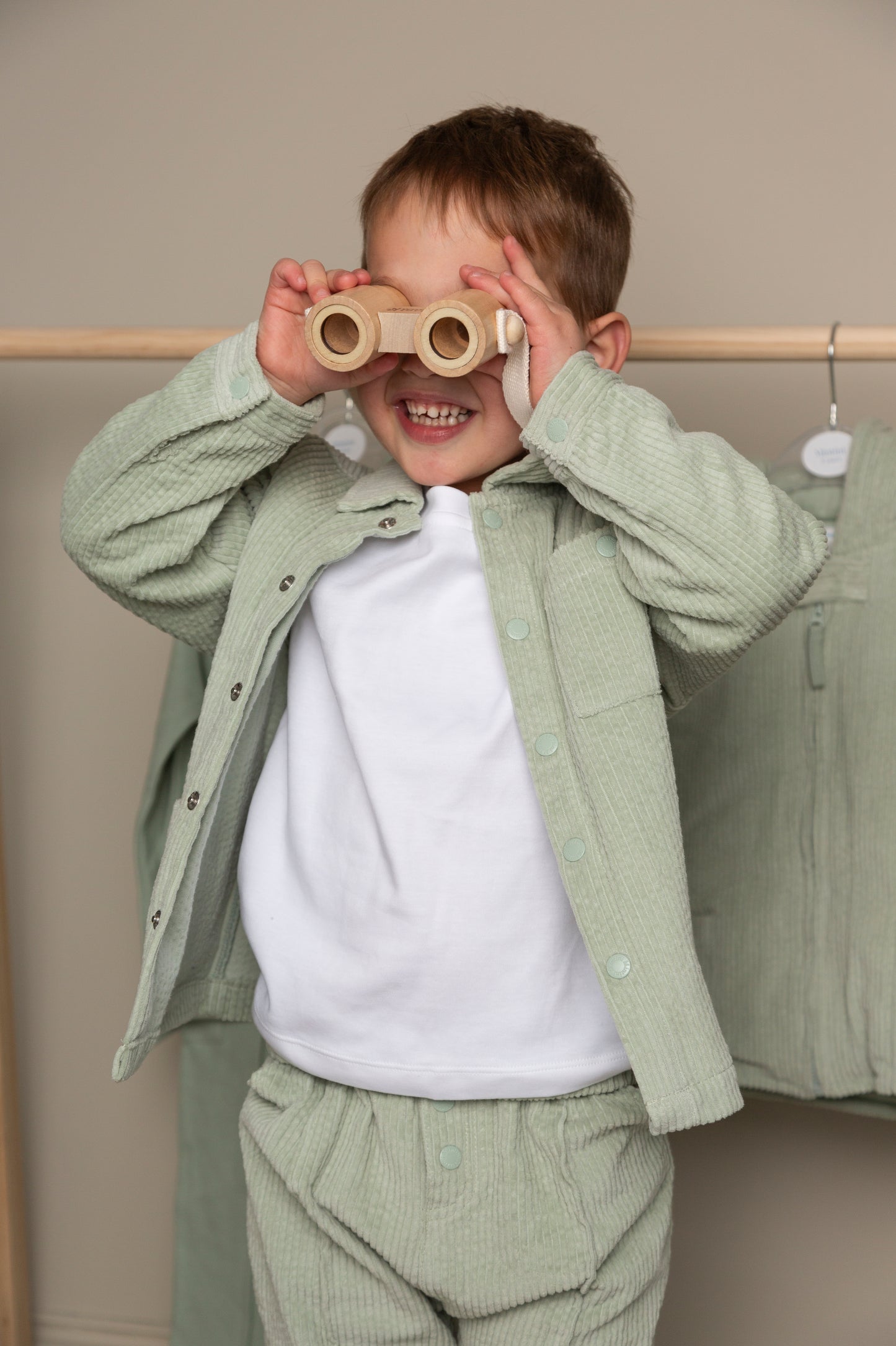 Sage and White Cord Top, Trouser and Overshirt