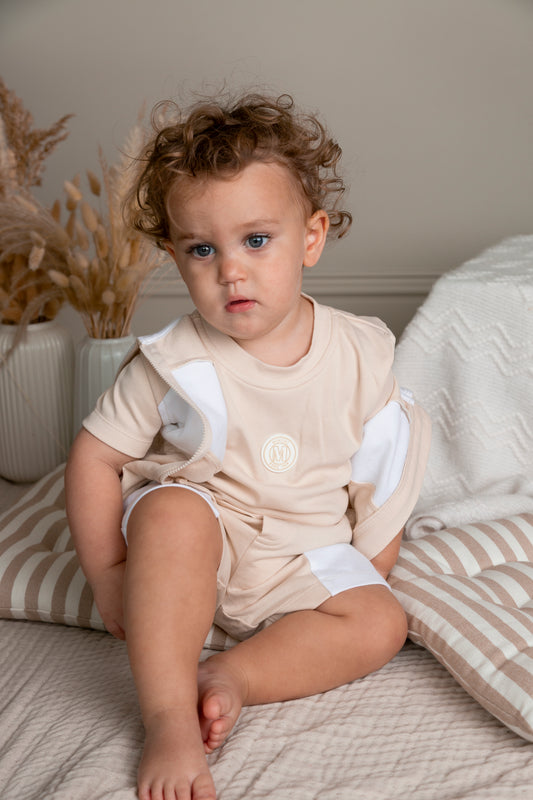 Beige Patchwork 3pc Short Set