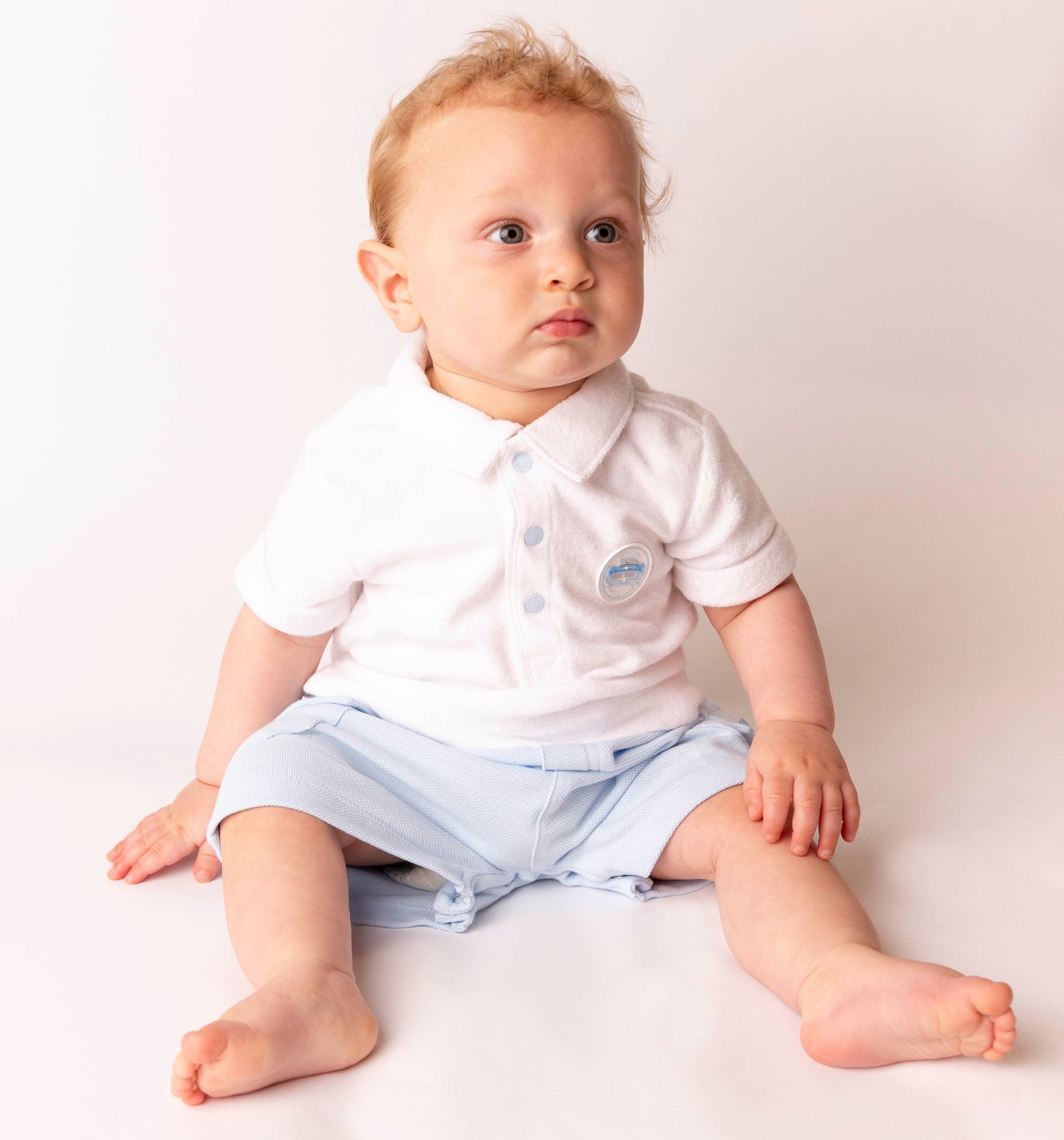 White and Blue Towelling Car Romper