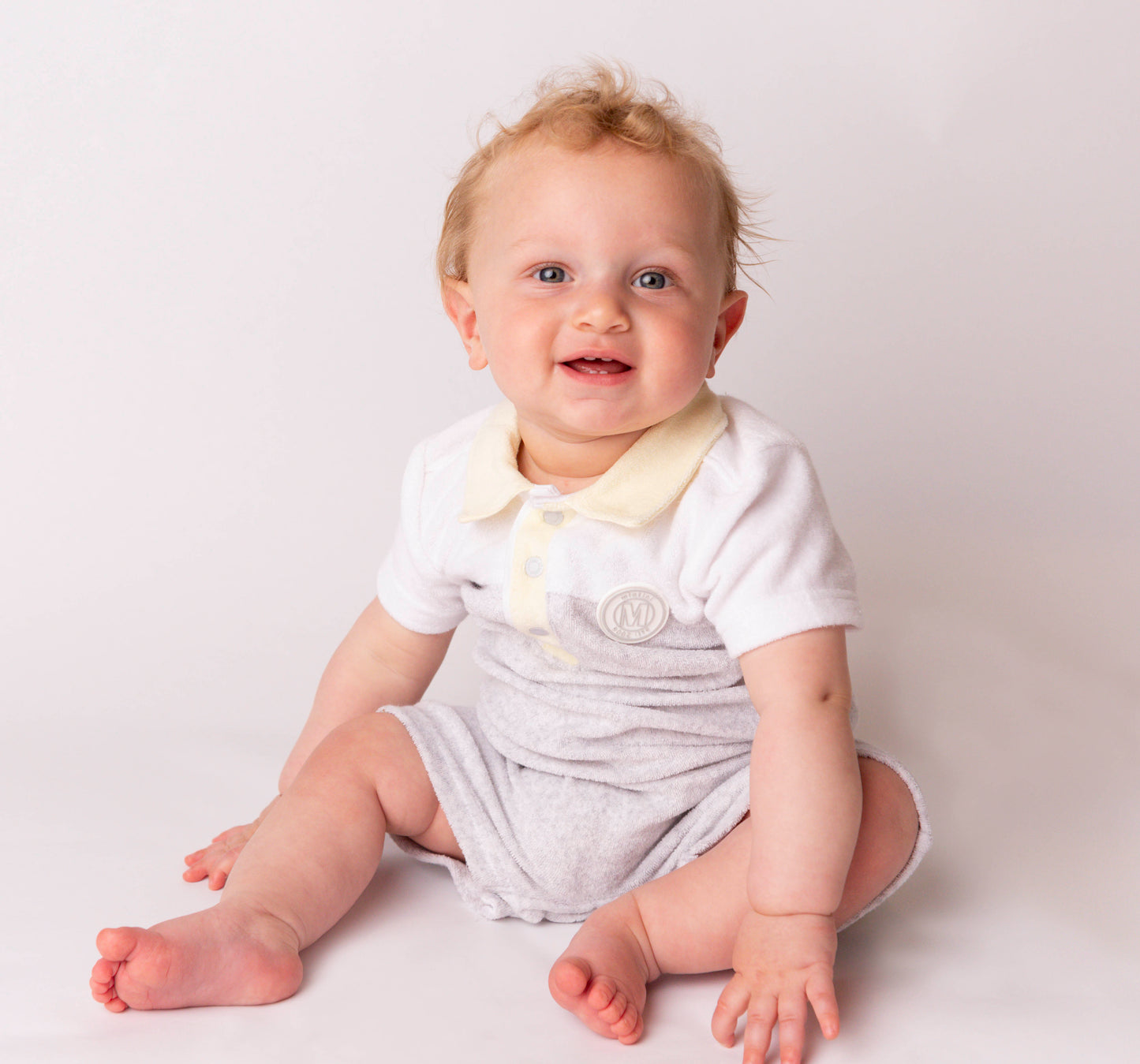 Grey White Lemon Terry Towelling Collared Romper