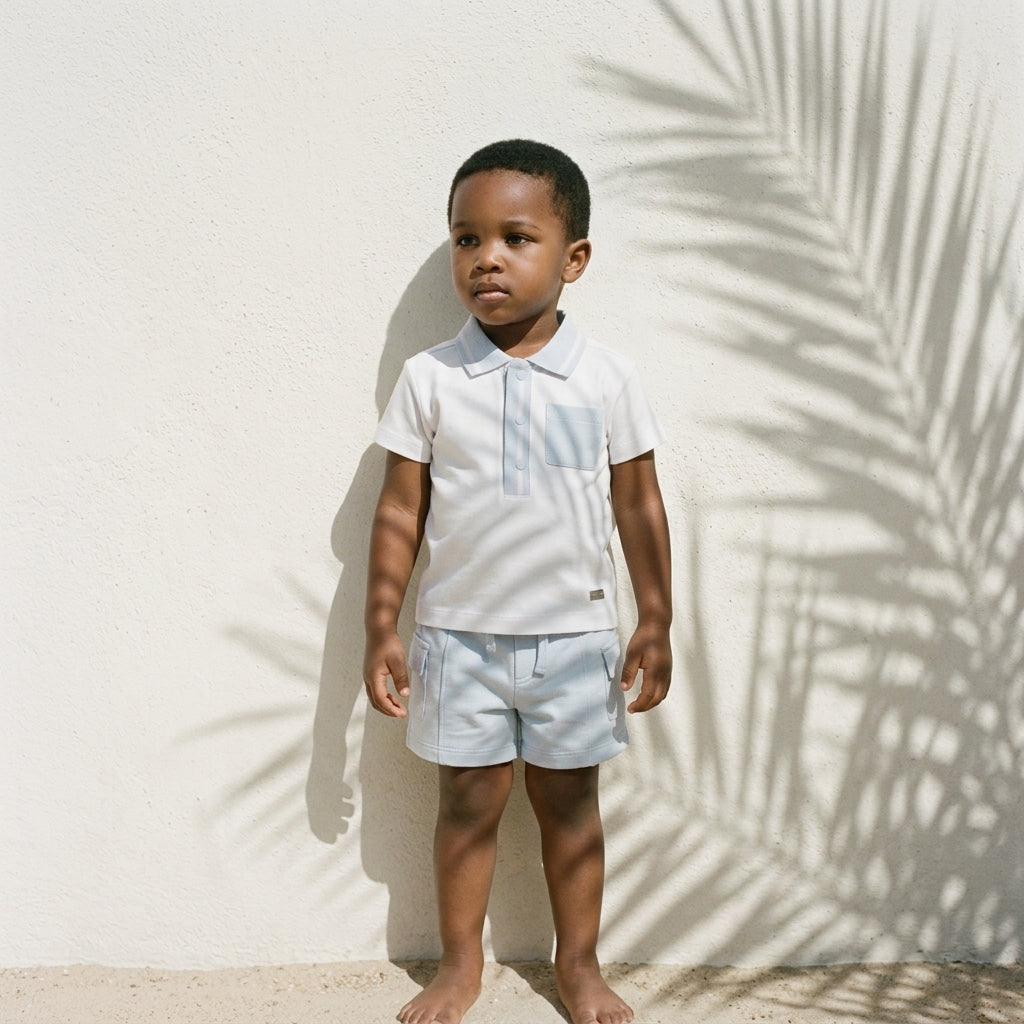 White and Blue Cargo Polo Top and Short Set
