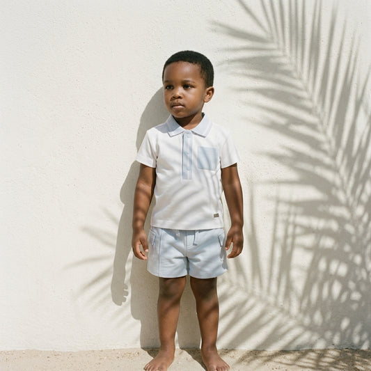 White and Blue Cargo Polo Top and Short Set