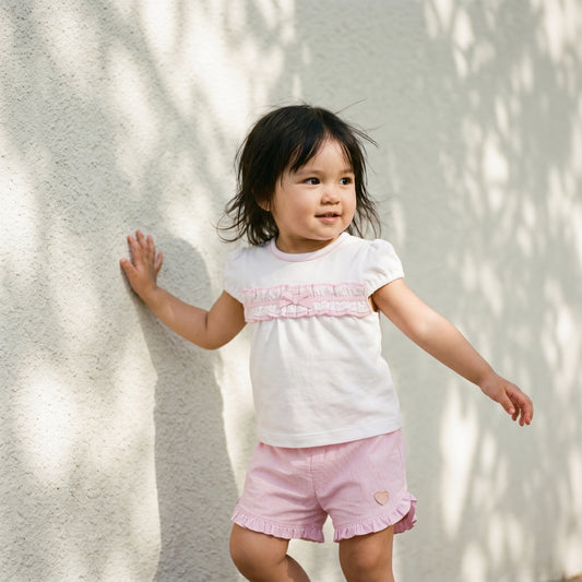 White and Pink Pinstripe T-Shirt and Shorts