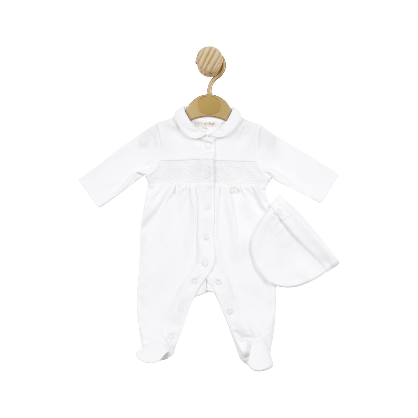 White Smocked Tiny Babygrow with Hat