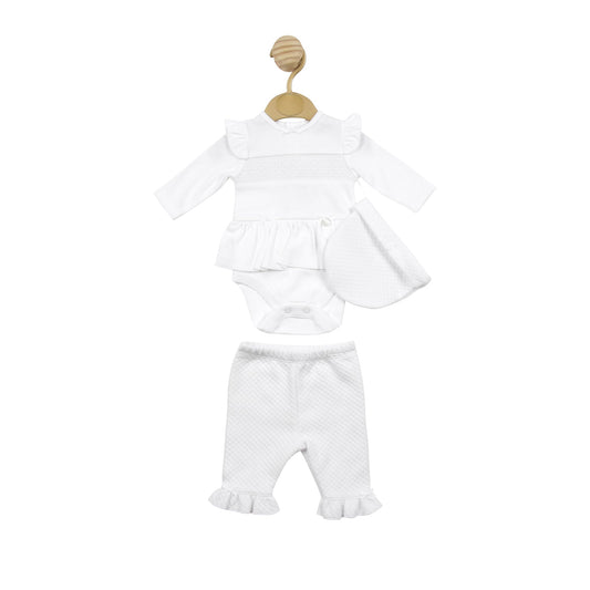 White Smocked Tiny Baby Bodysuit with Waffle Leggings and Hat