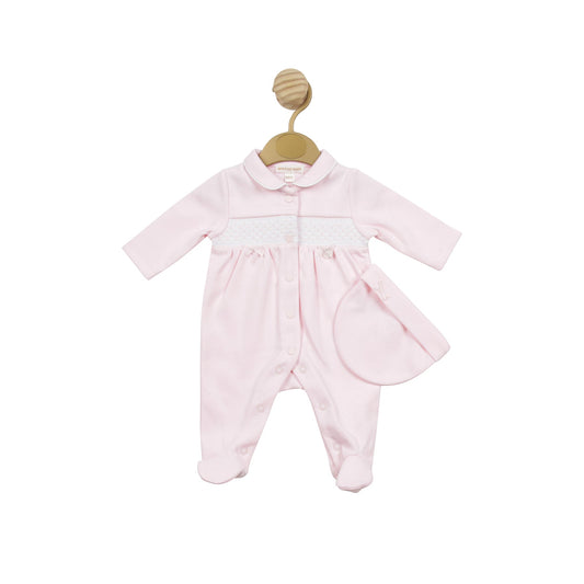 Pink Smocked Tiny Babygrow with Hat