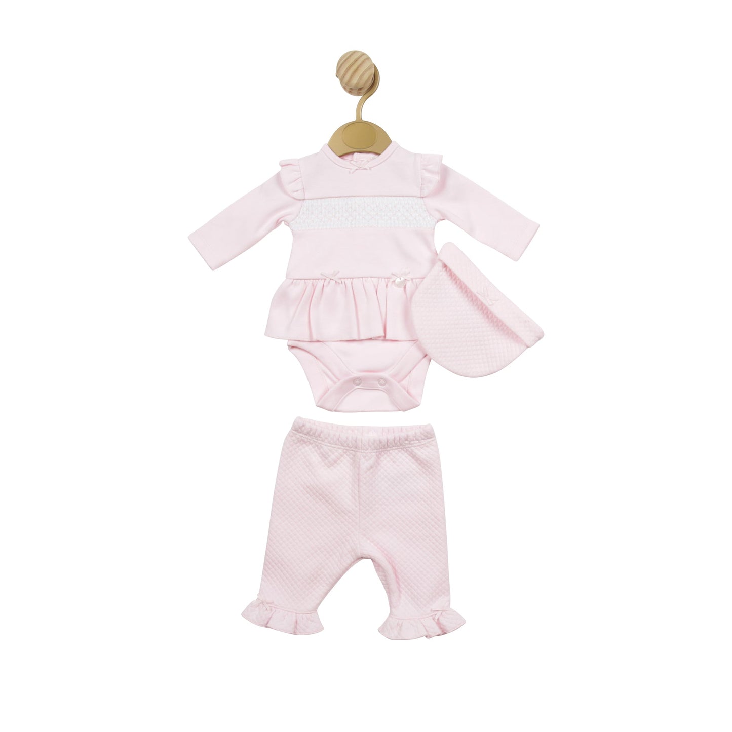 Pink Smocked Tiny Baby Bodysuit with Waffle Leggings and Hat