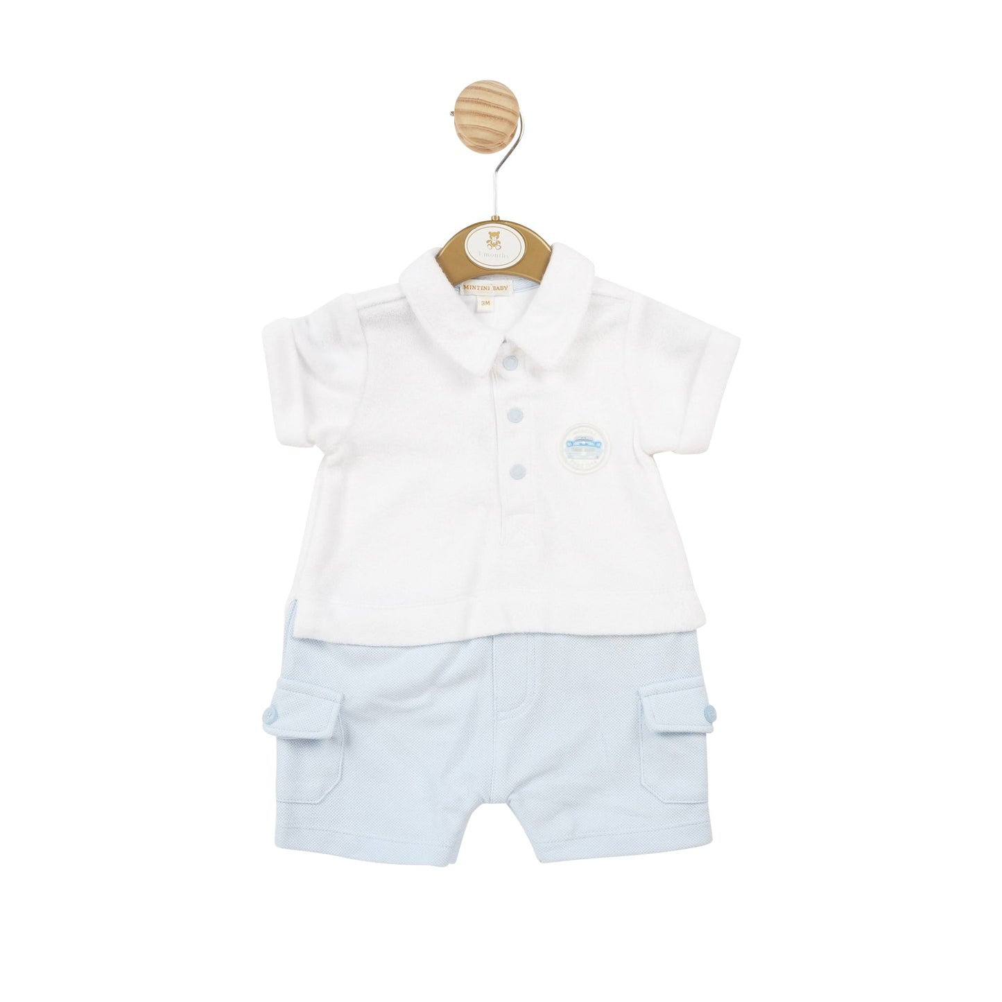 White and Blue Towelling Car Romper