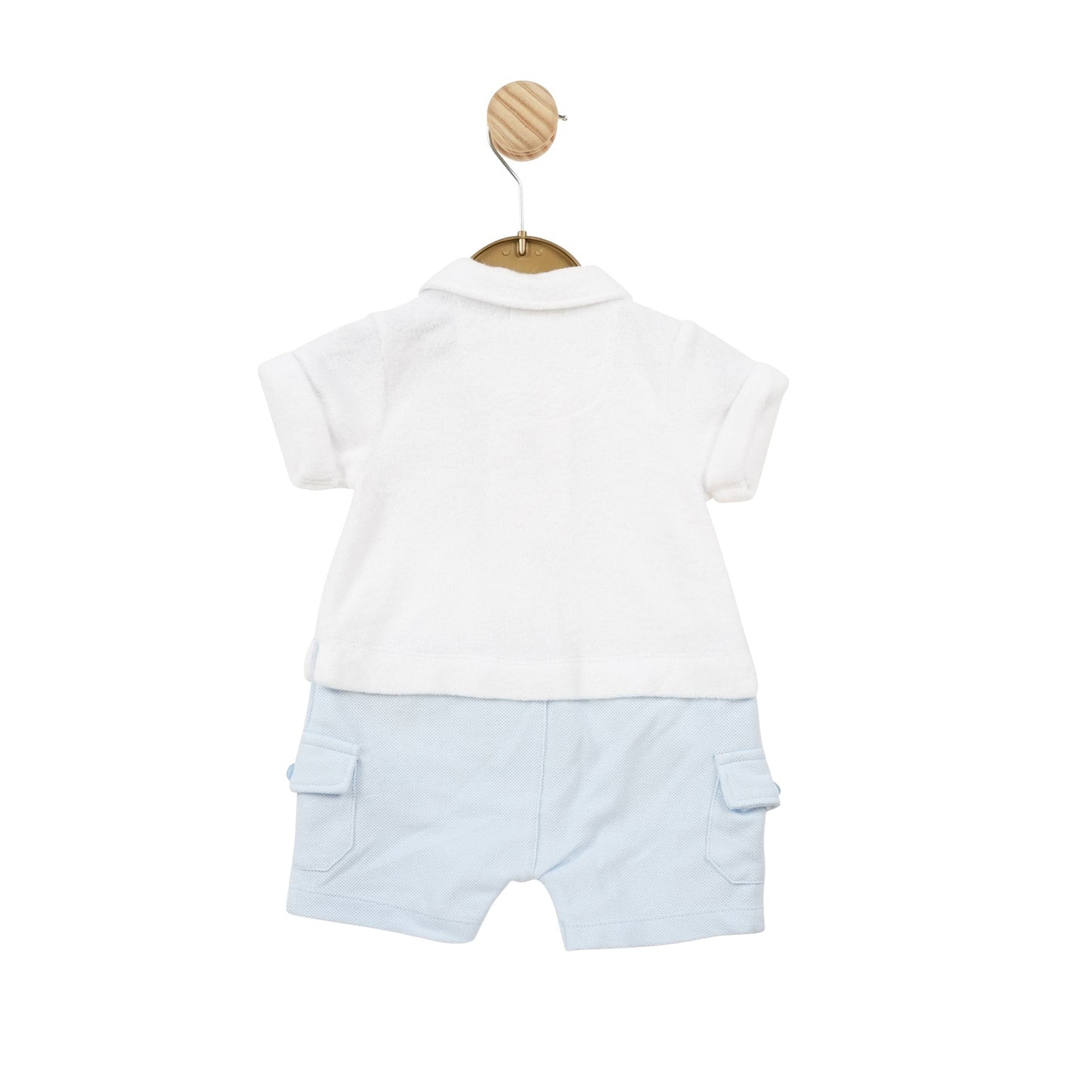 White and Blue Towelling Car Romper